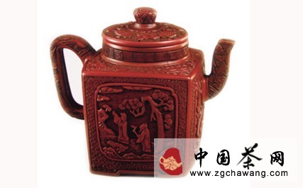 时大彬款紫砂胎雕漆四方壶.jpg