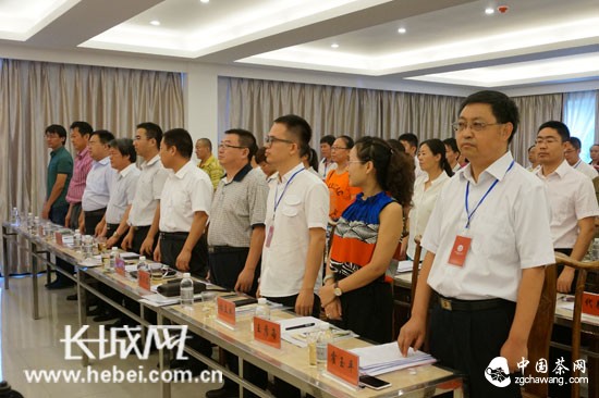 会议现场奏放国歌，全体到会人员起立。长城网 张亚宁 摄