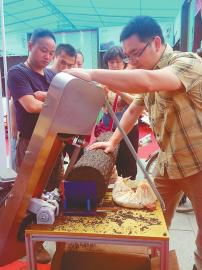 上图：第十届茶博会现场切割千两茶下图：展会现场擂茶表演