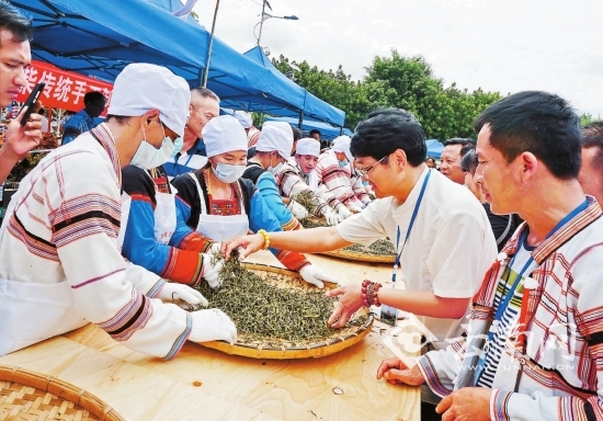 近日，景洪市基诺山乡大鼓民族文化广场茶香四溢，热闹非凡，2016攸乐古茶文化节在这里举行。参赛茶农选手专注地翻炒茶叶鲜叶，进行传统手工制茶技艺的擂台赛。